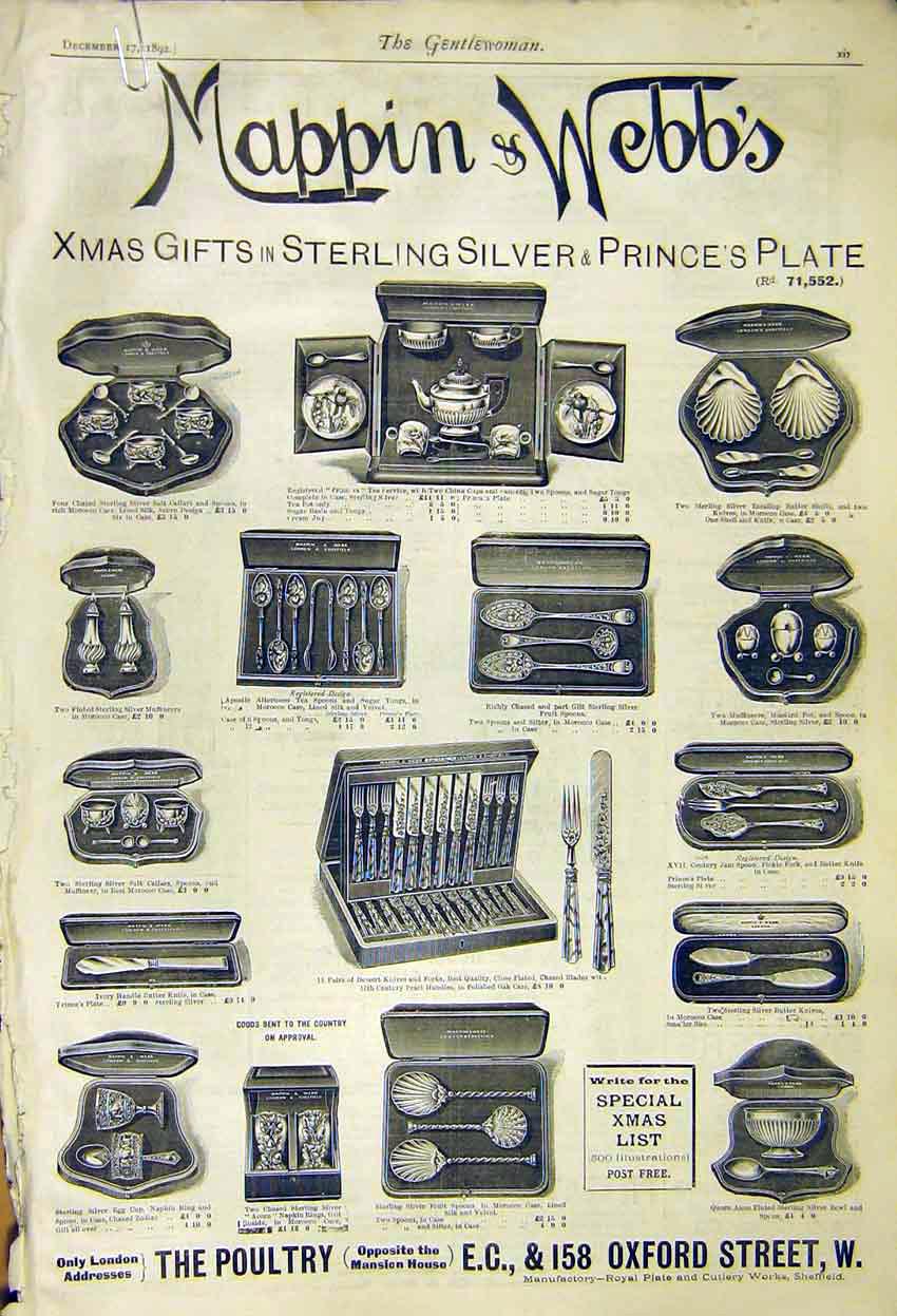 Original Old Antique Print Advert Mappin Webb Christmas Gifts Oxford Street 1892