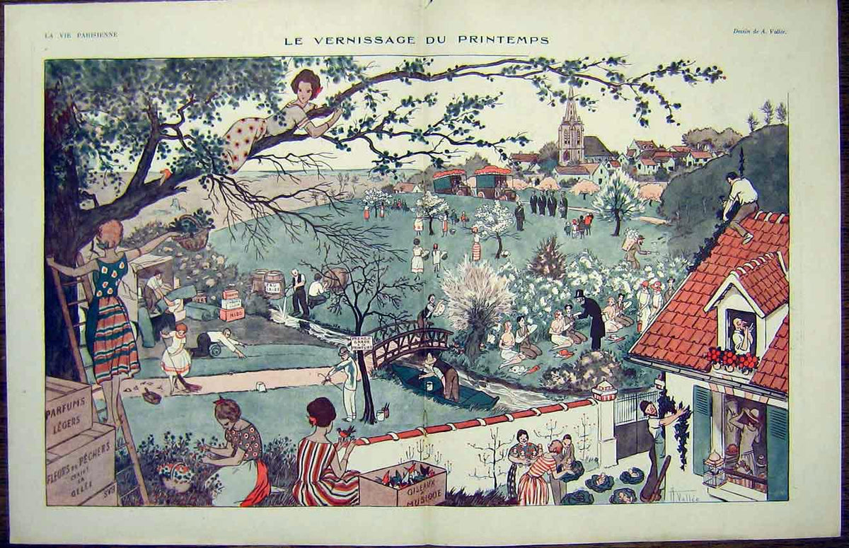 Original Old Vintage Print Spring-Time Sketch Season French 1921 Vallee 20th