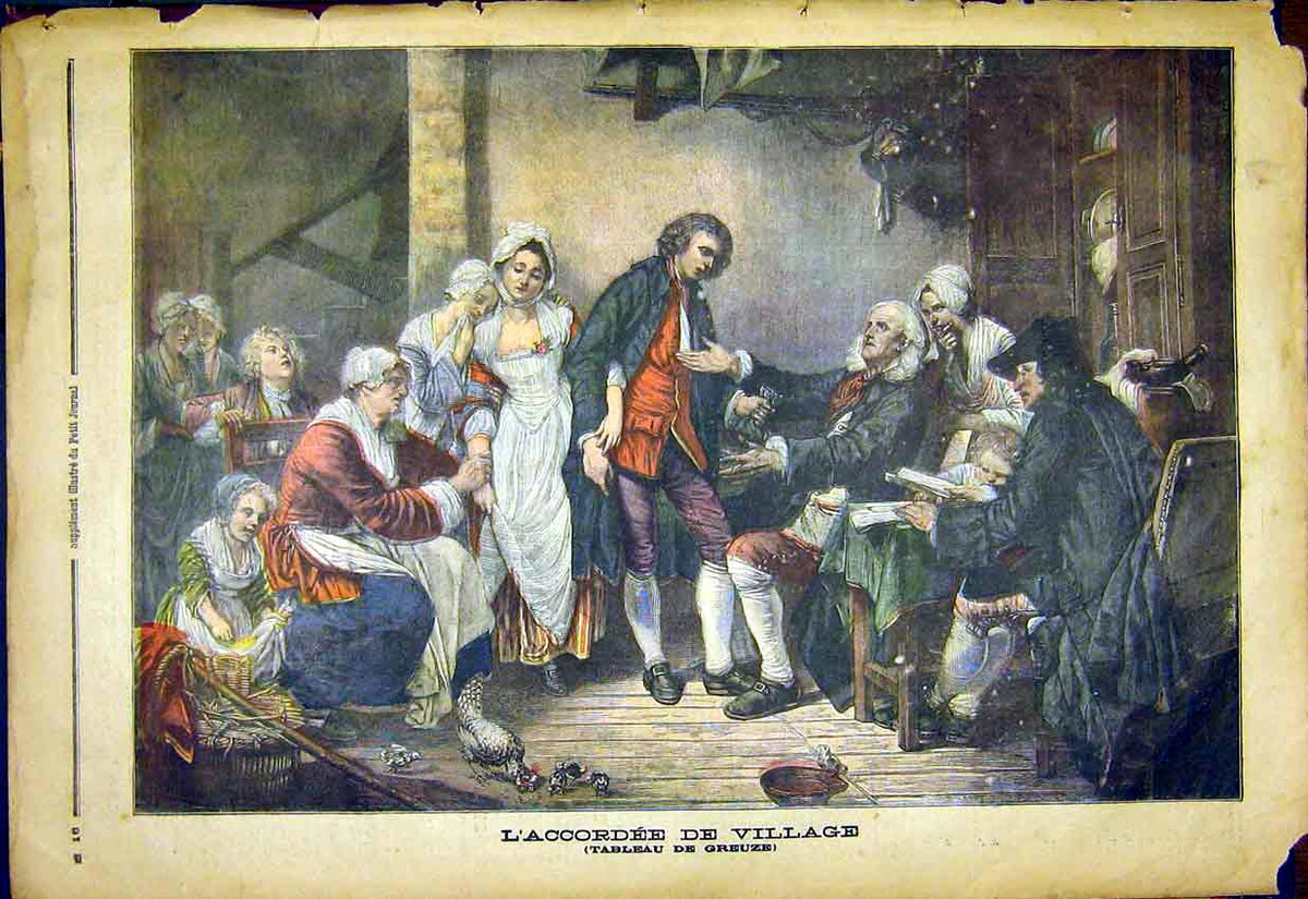 Original Old Antique Print Greuze Village L'Accordee French 1892 19th