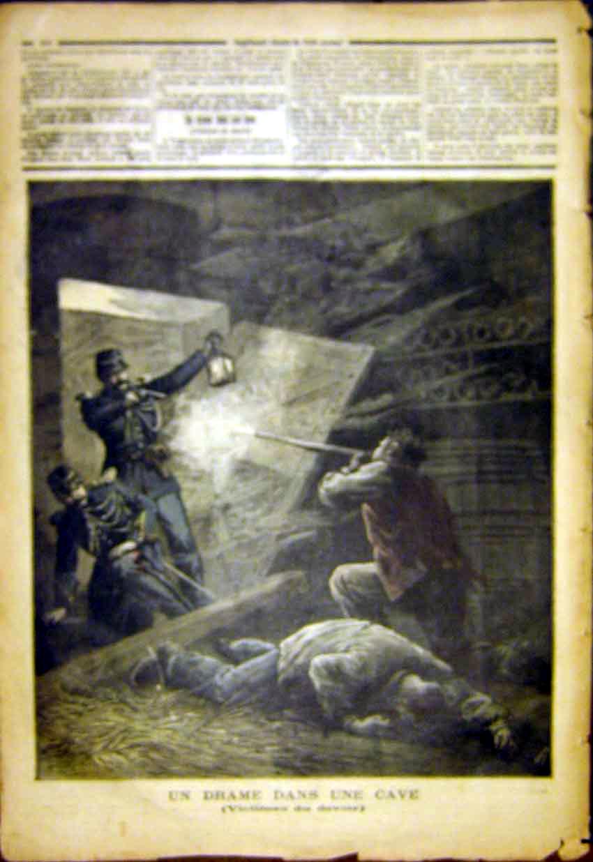 Original Old Antique Print Drama Cave Victmims Devoir Police French 1892 19th