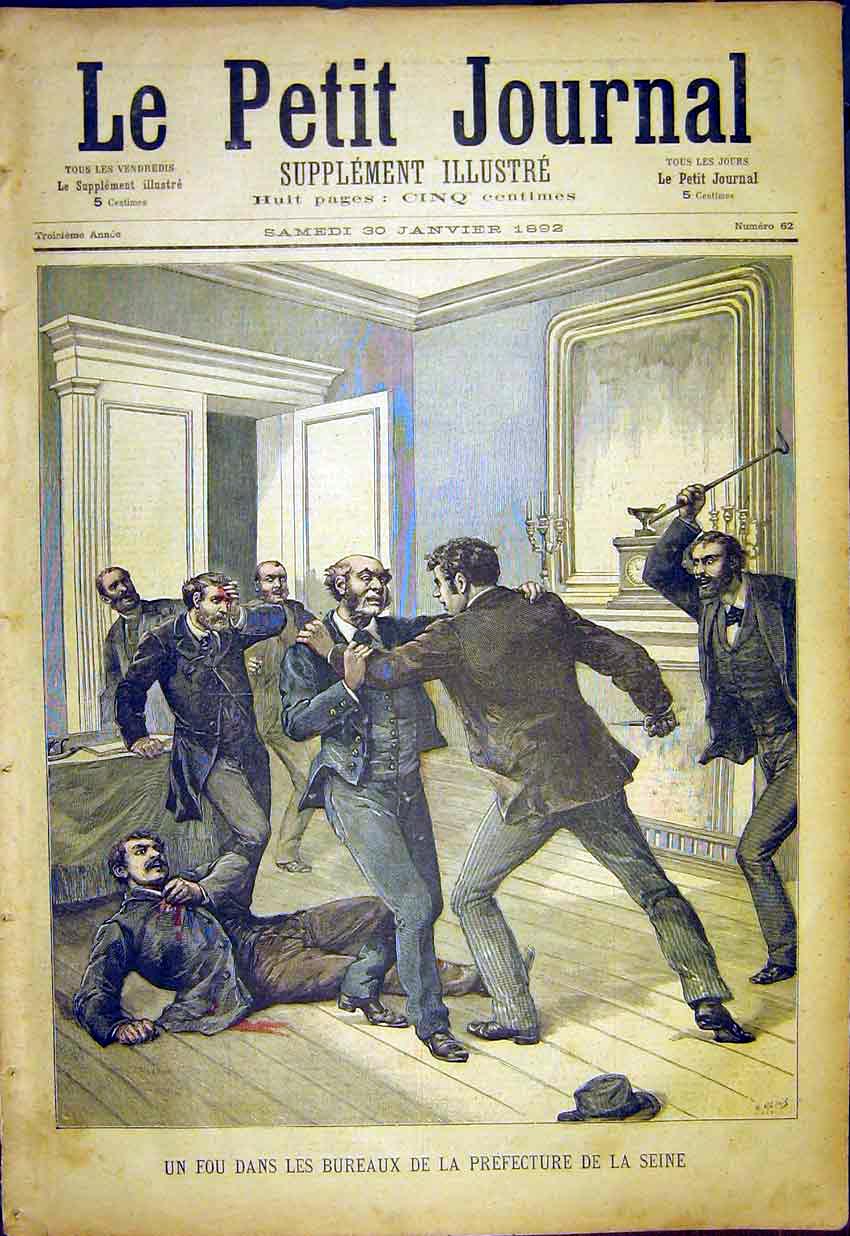 Original Old Antique Print Insane Office Prefecture Seine Paris French 1892 19th