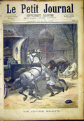 Original Old Antique Print Young Brave Boy Horses French 1892 19th