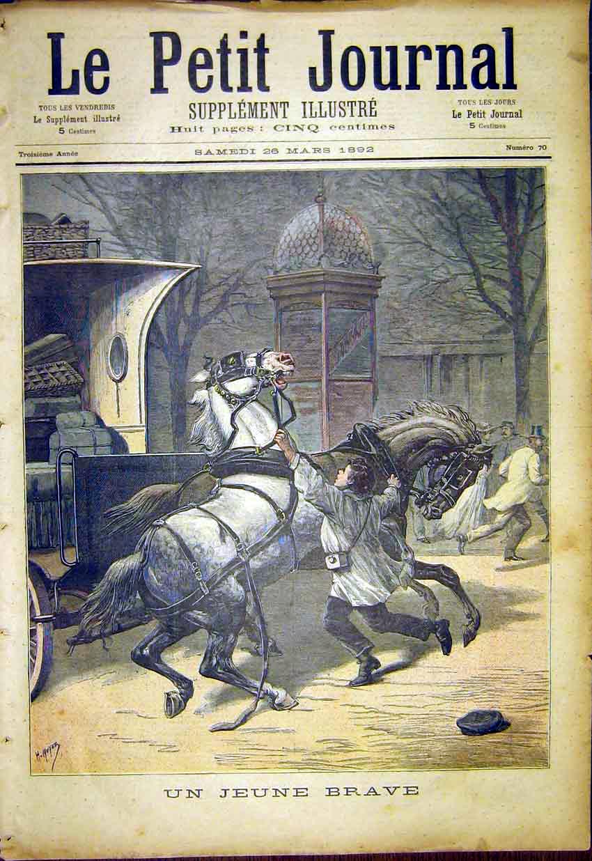 Original Old Antique Print Young Brave Boy Horses French 1892 19th