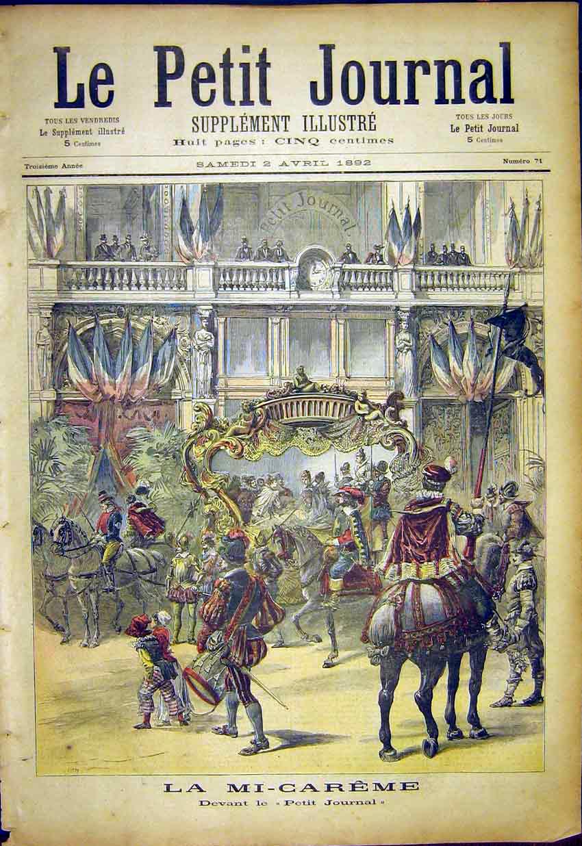 Original Old Antique Print Mi-Careme Festival Fete French 1892 19th