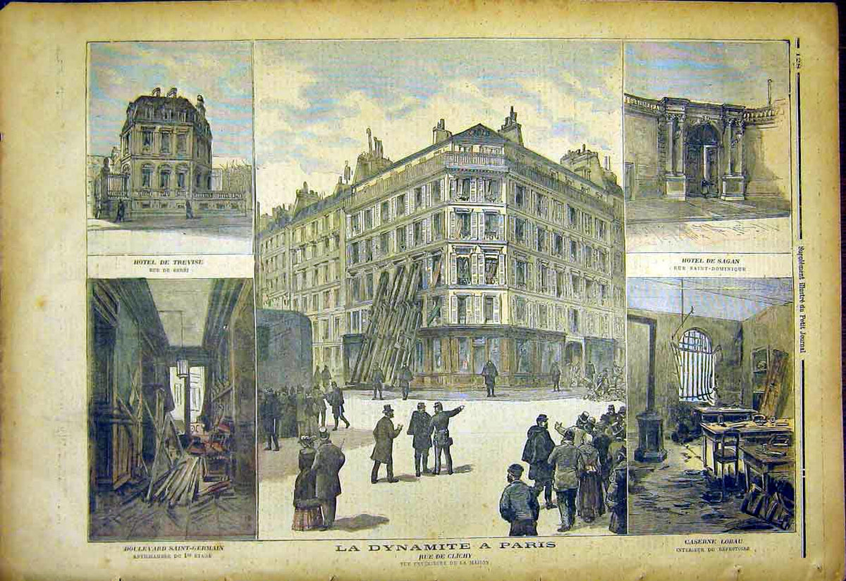 Original Old Antique Print Paris Dynamite Clichy Street Hotel France 1892 19th