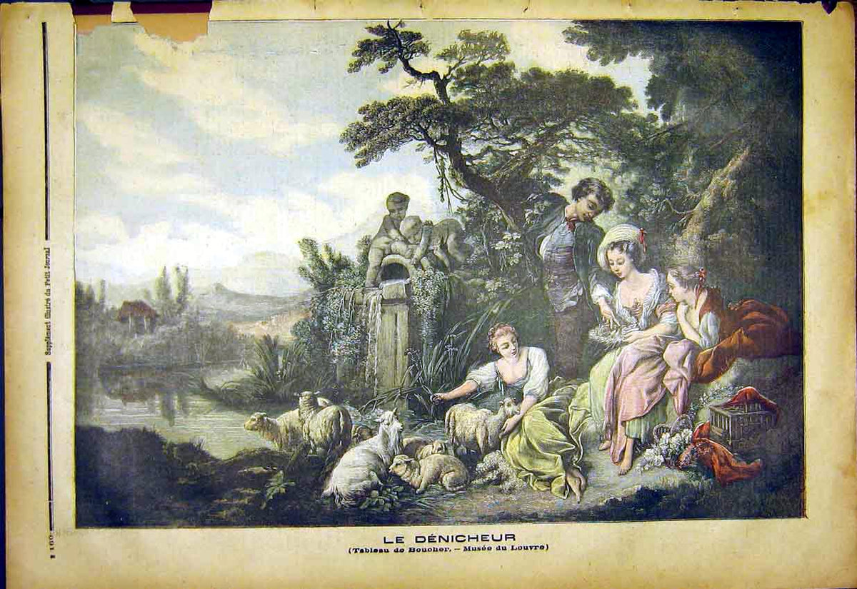Original Old Antique Print Shepherdess Sheep Le Denicheur French 1892 Victorian