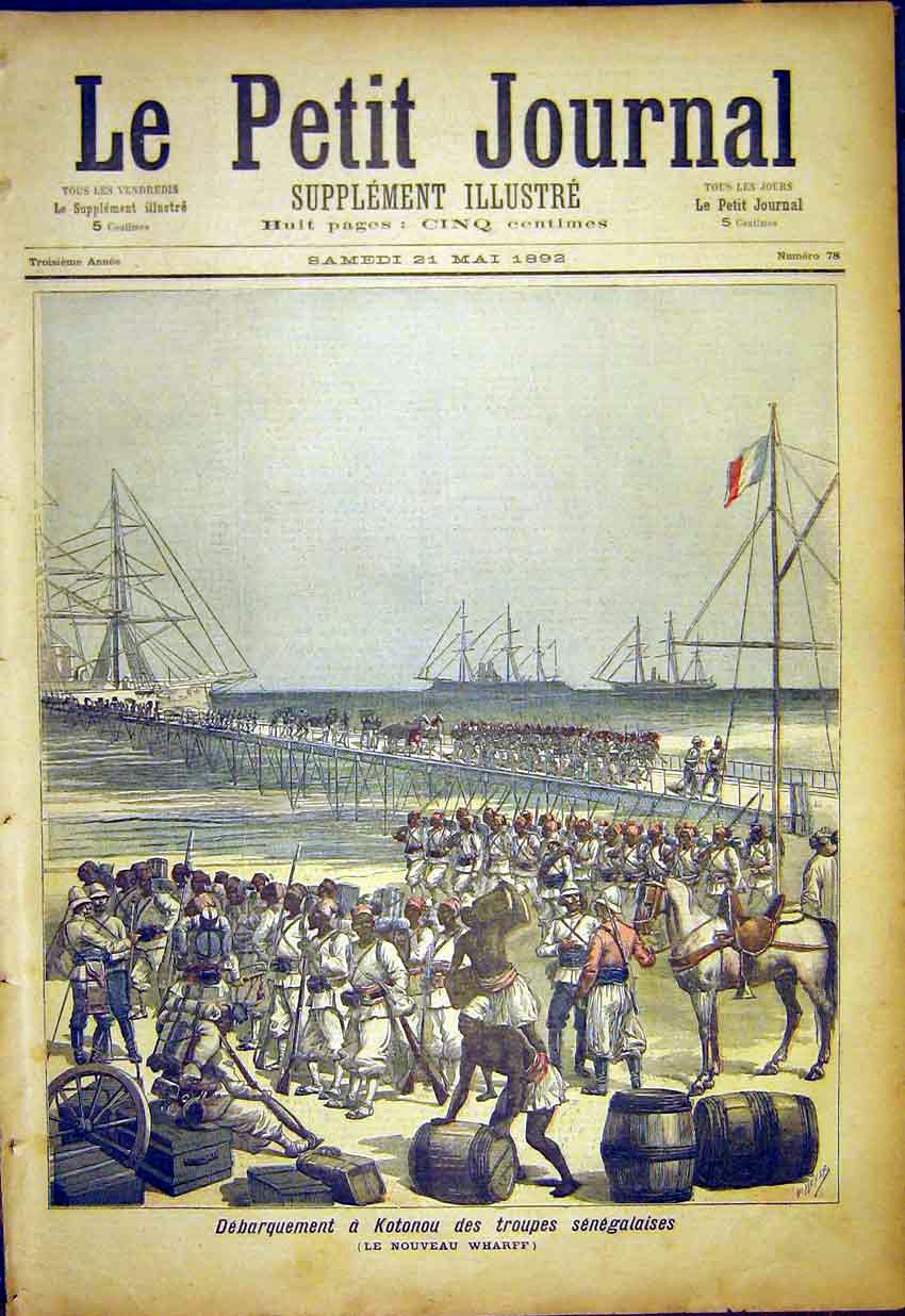 Original Old Antique Print Sengalese Troops Kotonou Wharf Military 1892 19th