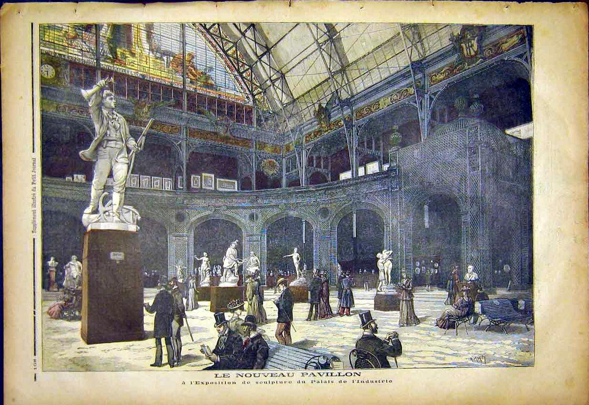 Original Old Antique Print Pavilion Sculpture Exhibition Industry Palace 1892