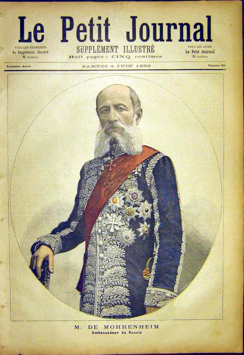 Original Old Antique Print Portrait Mohrenheim Ambassador Russia 1892 Victorian