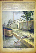 Original Old Antique Print Canal Drown Child Savior Valenciennes French 1892