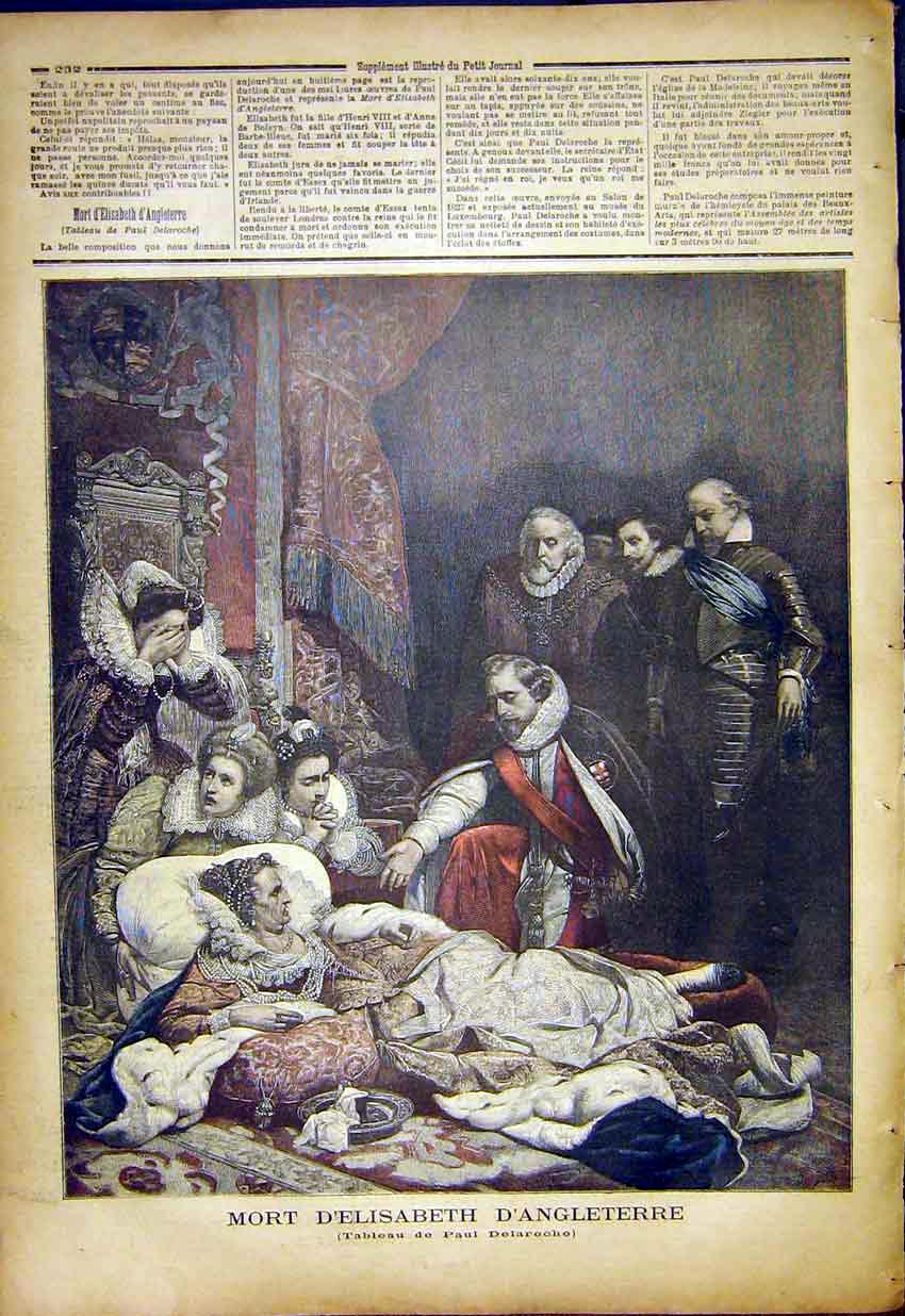 Original Old Antique Print Elizabeth Queen Death England French 1892 Victorian