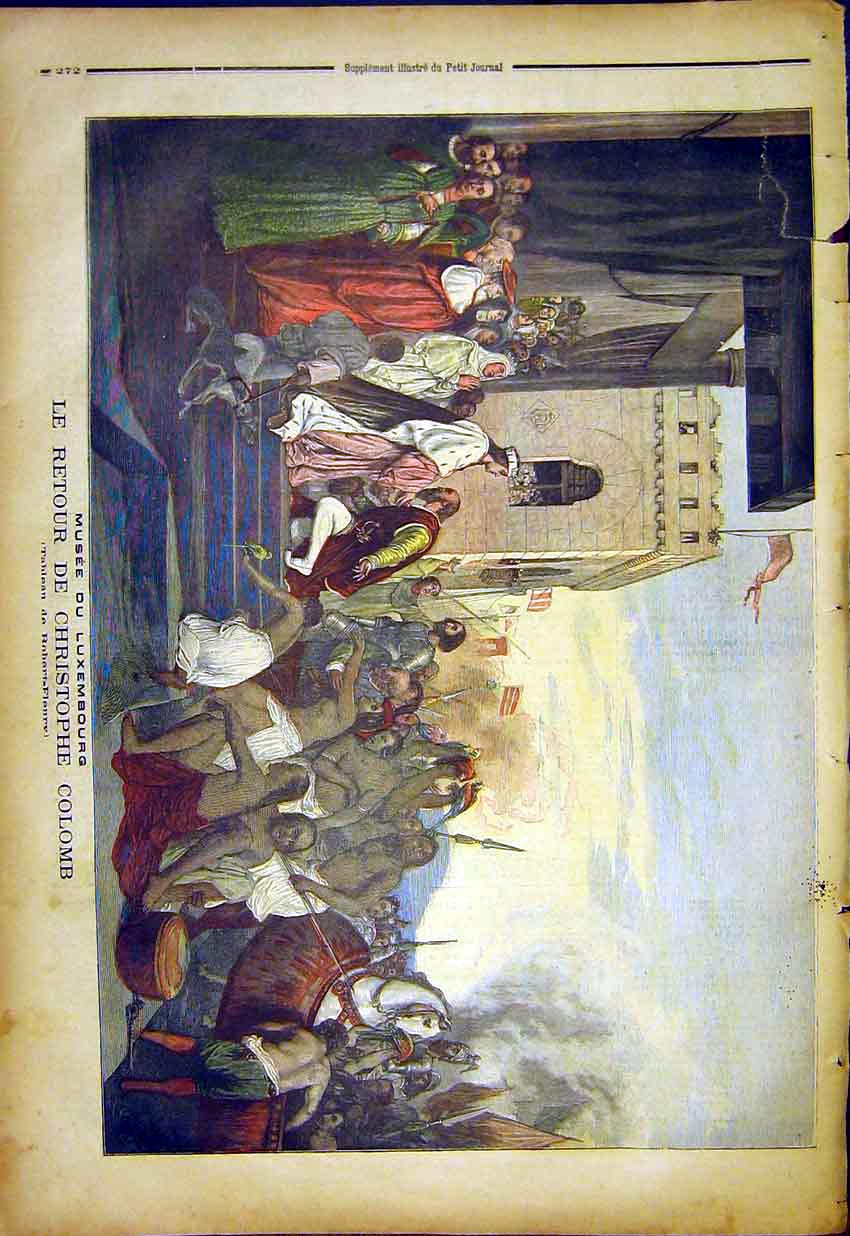 Original Old Antique Print Christopher Columbus Luembourg Robert-Fleury 1892