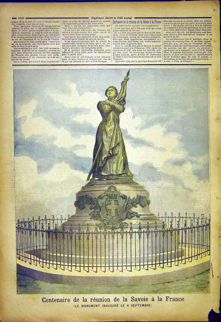 Original Old Antique Print Centenary France Savoy Monument French 1892 Victorian