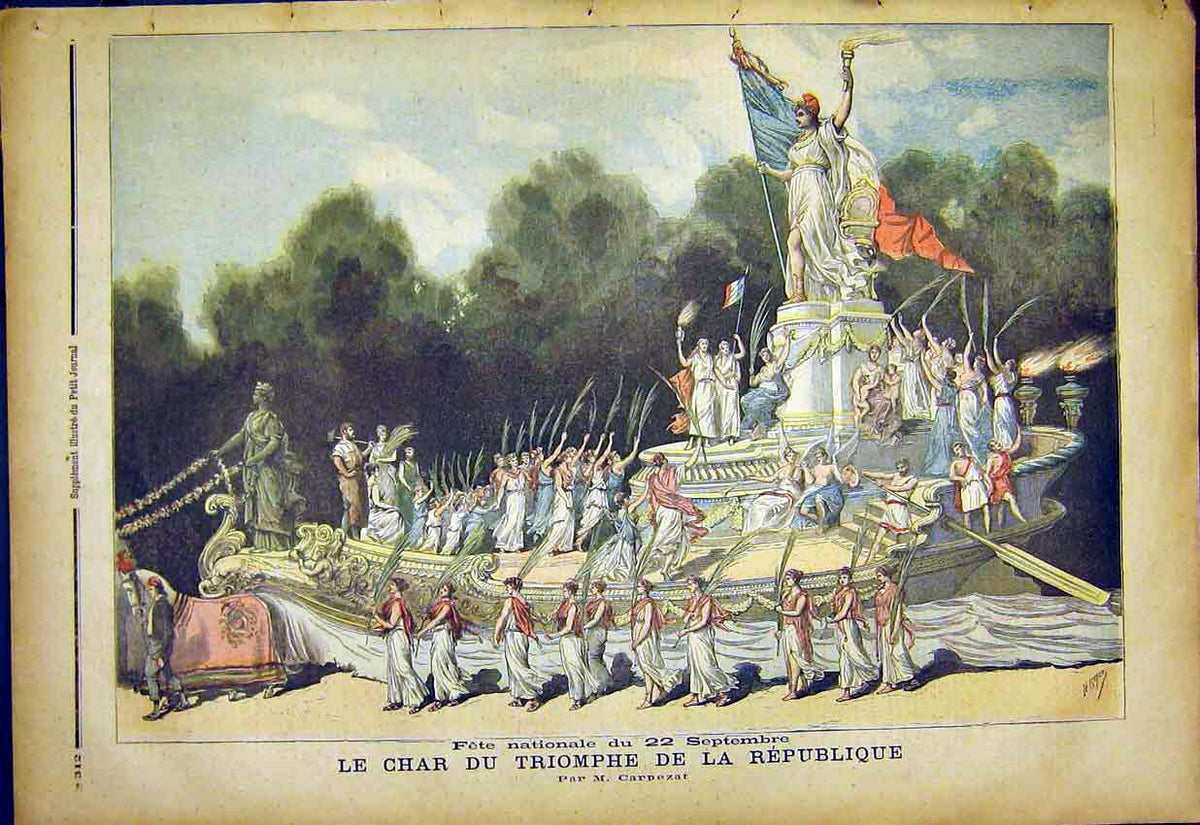 Old Antique Print Fete Float Triumph French Republic Carpezat France 1892 19th