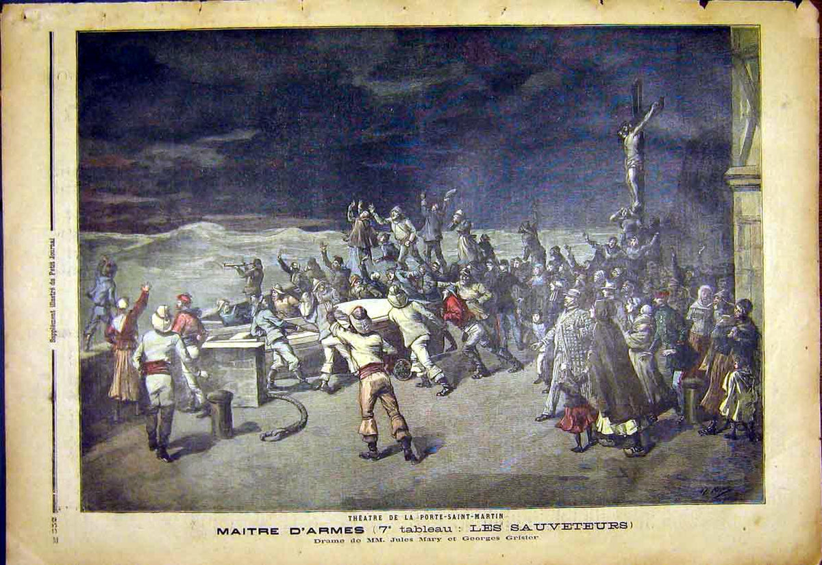 Original Old Antique Print Port Saint-Martin Theatre Rescuers French 1892 19th