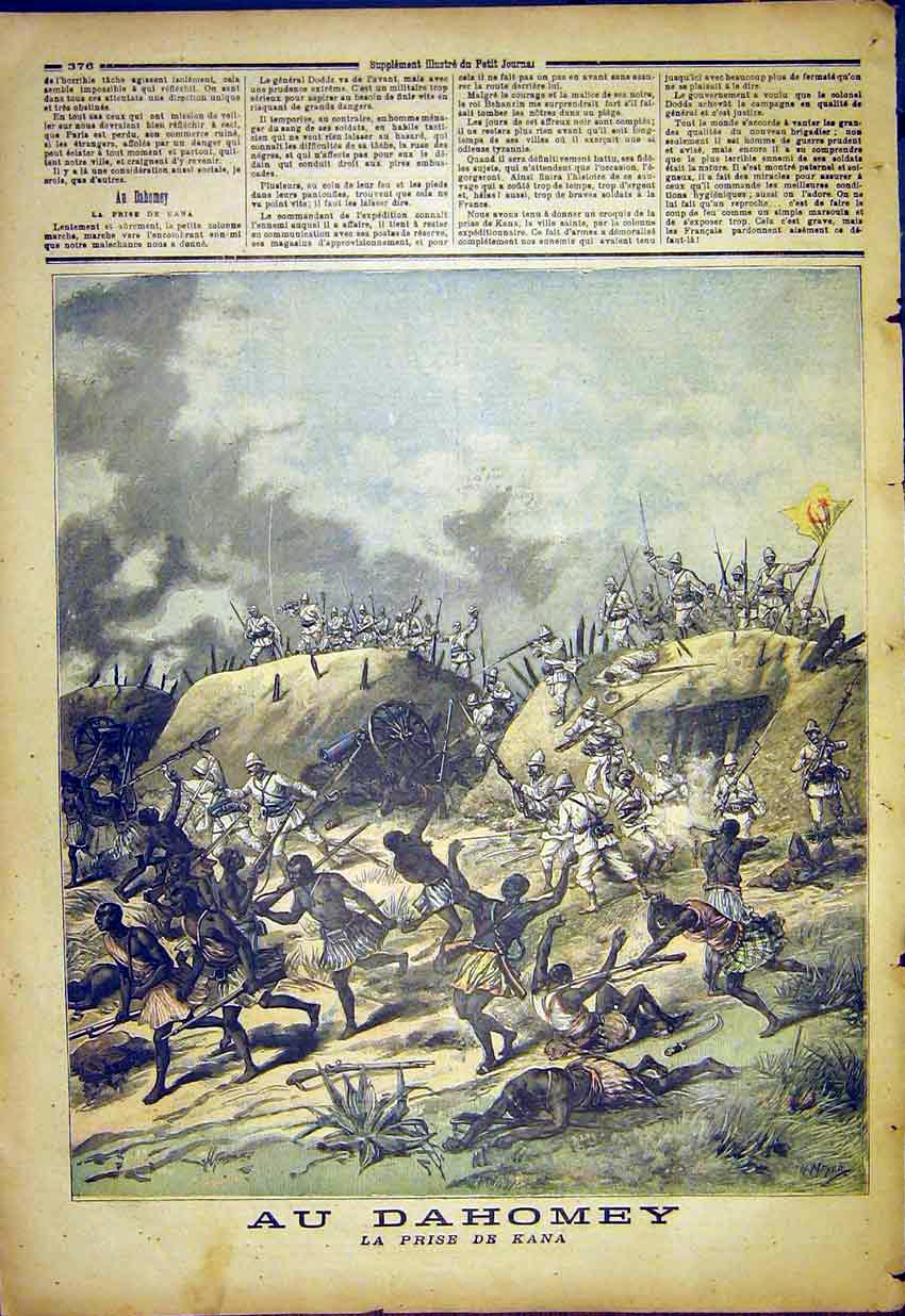 Original Old Antique Print Dahomey Kana Battle War French 1892 19th