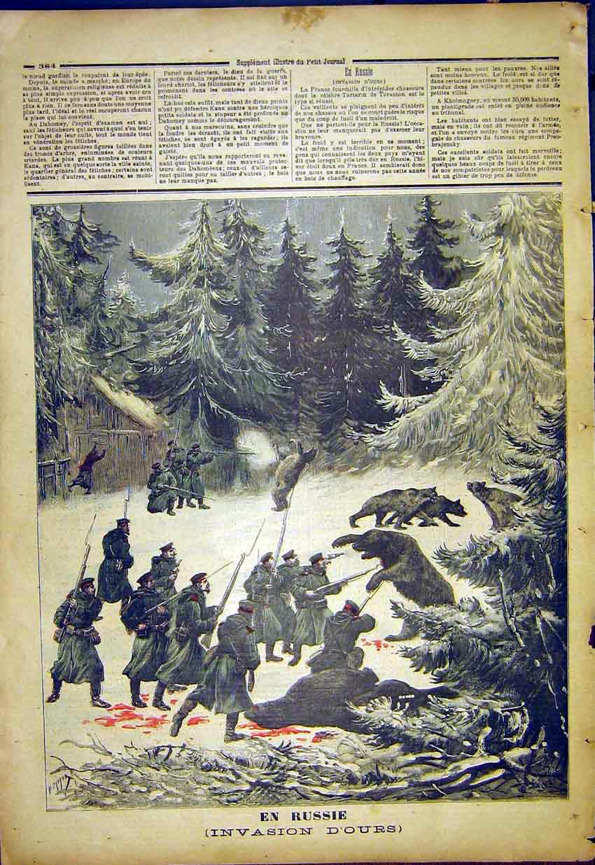 Original Old Antique Print Russian Invasion Bear French 1892 19th