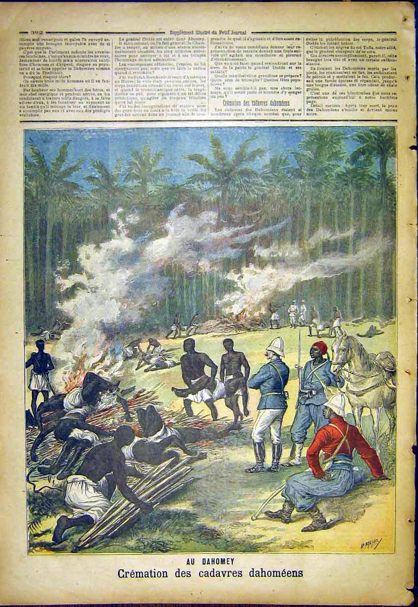 Original Old Antique Print Dahomey Cremation Siers War French 1892 Victorian