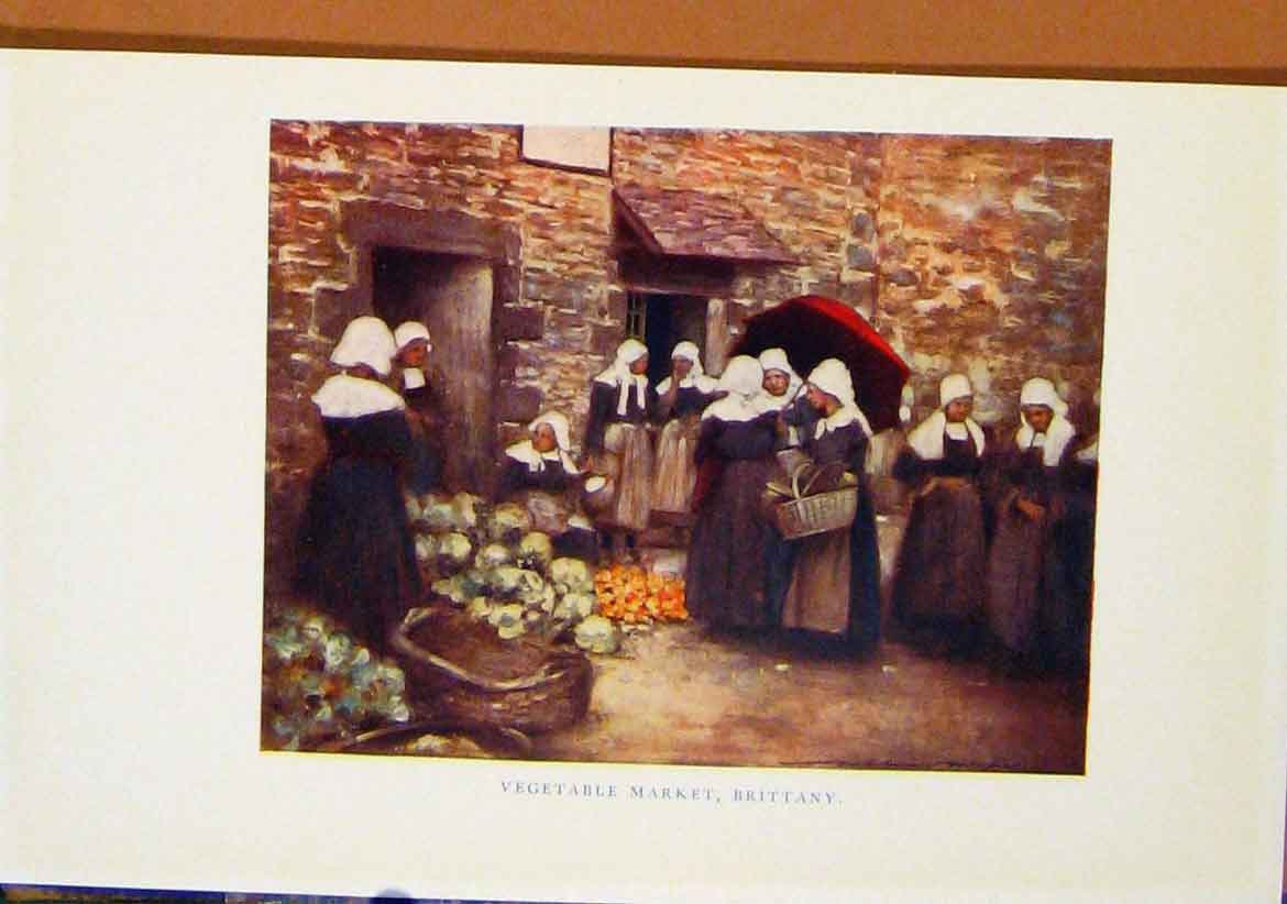 Original Old Vintage Print Brittany C1919 Vegetable Market Place 20th Century