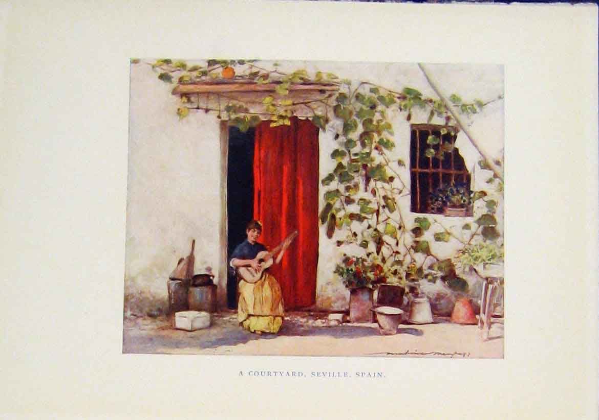 Original Old Vintage Print Color Courtyard Seville Spain C1919 20th Century
