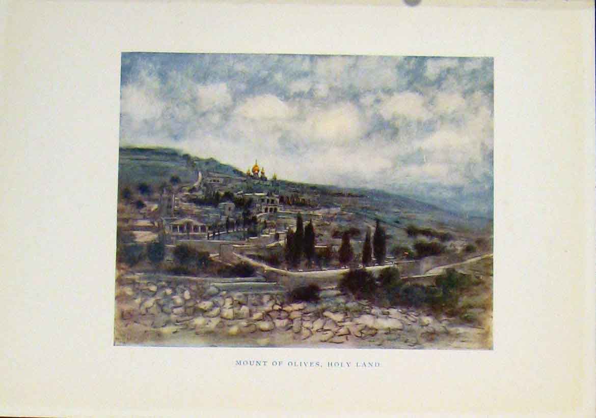 Original Old Antique Print Holy Land Mount Olives Color Mosque