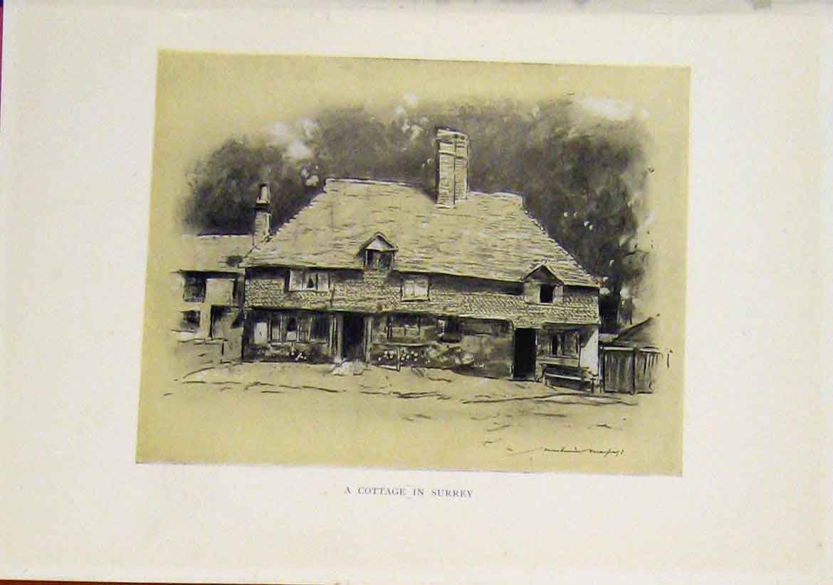 Original Old Vintage Print Cottage Surrey County C1919 Sketch Etching Sepia 20th