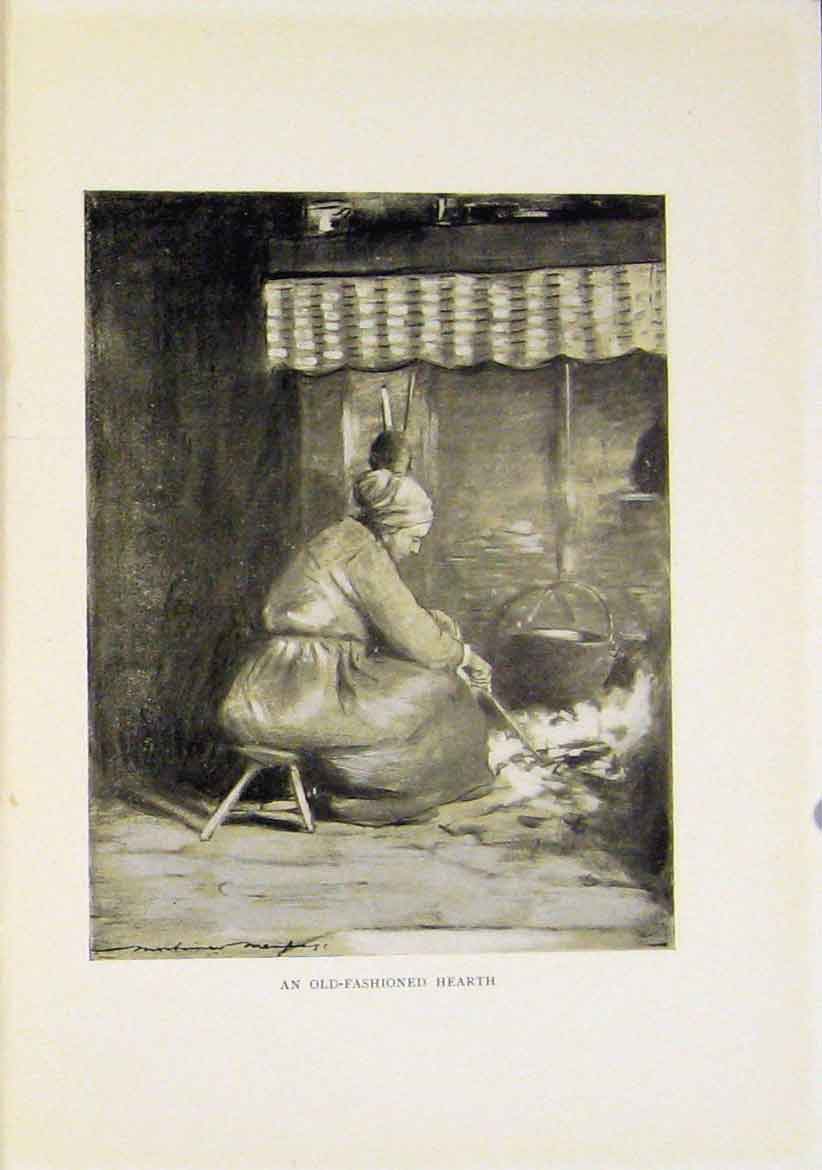 Original Old Antique Print Fashioned Hearth Speia Style Sketch Etching