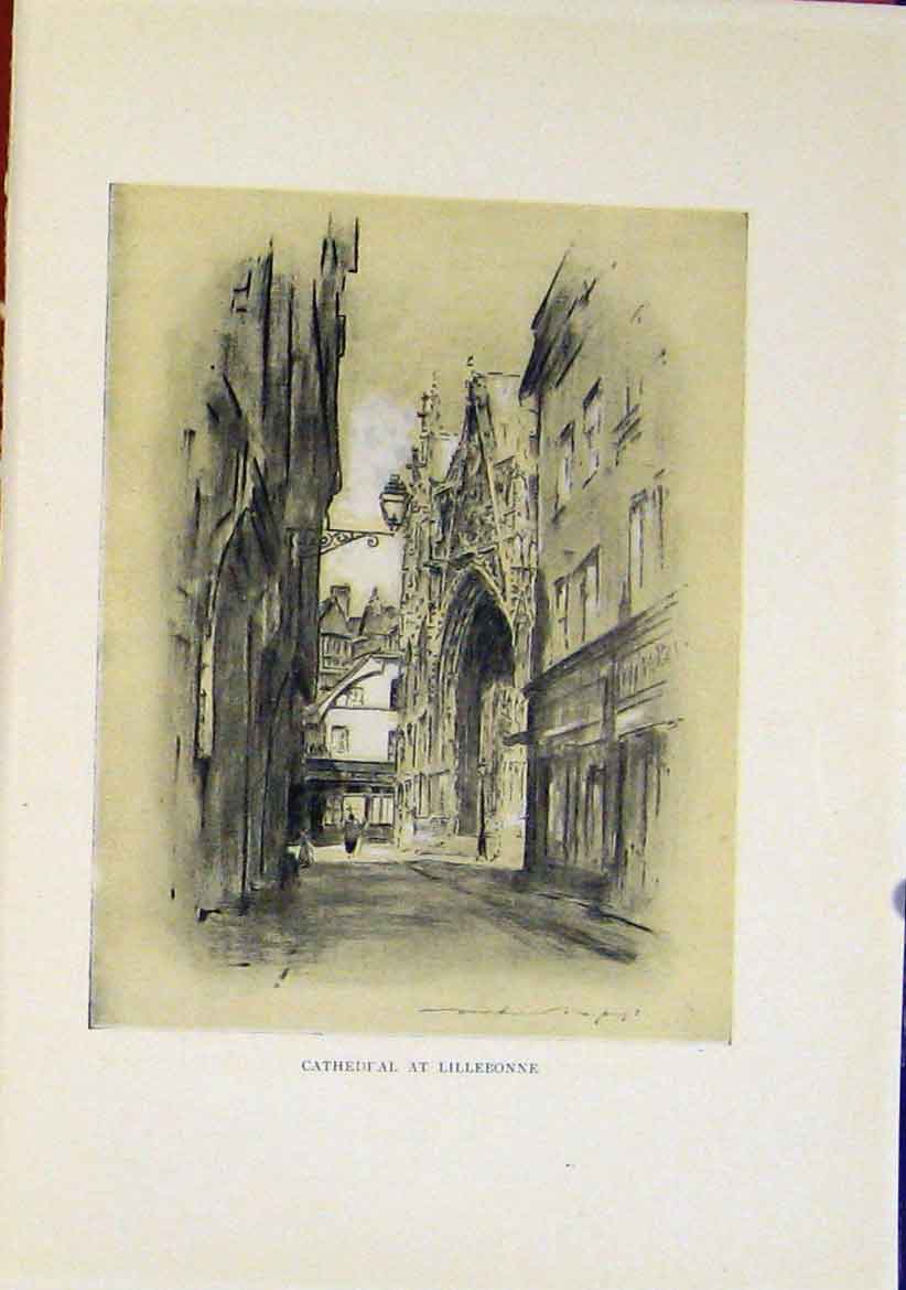 Original Old Antique Print Cathedral Lillebonne Sketching Etching Sepia