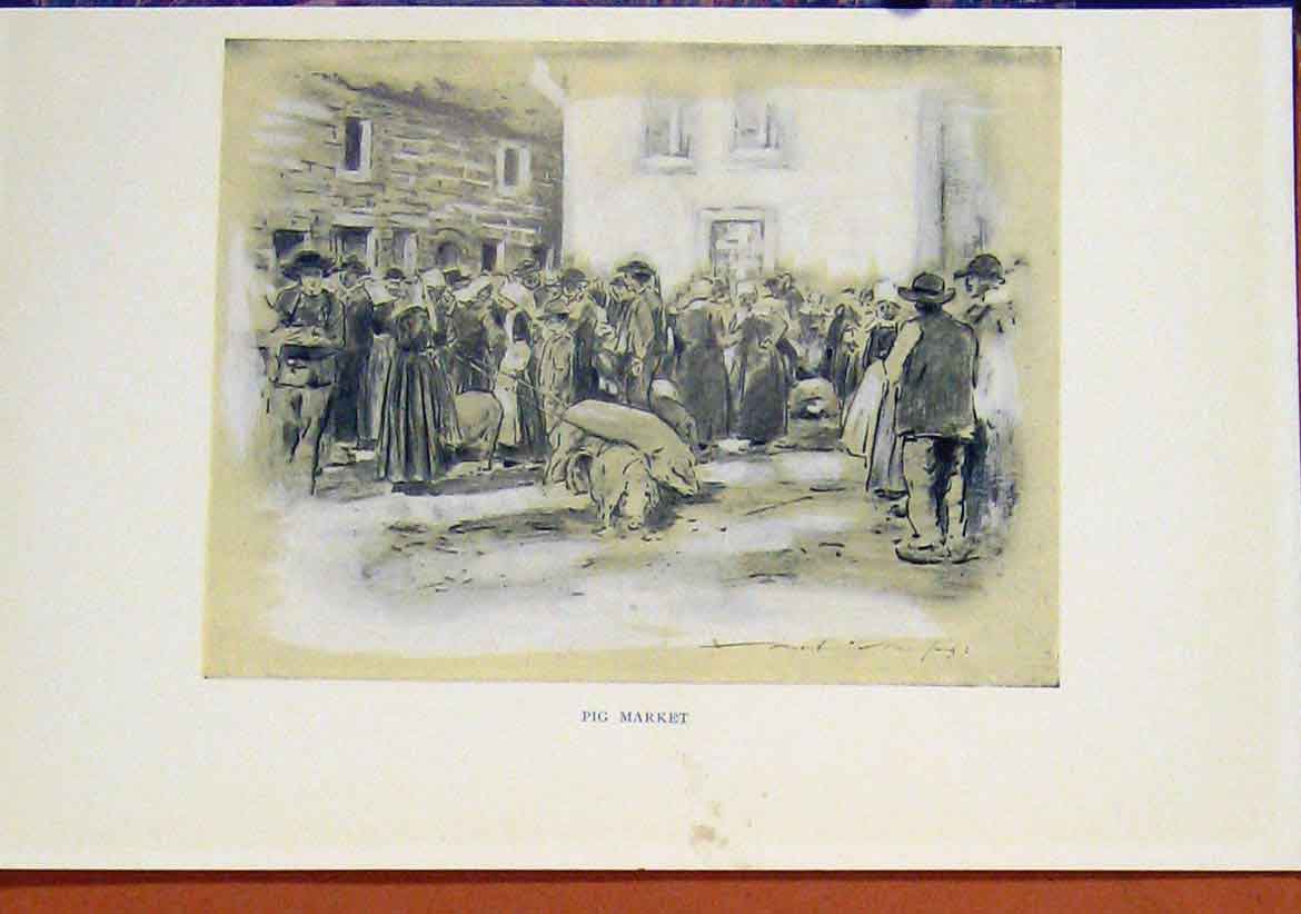 Original Old Antique Print Sepia Style Art Pig Market Sketch Drawing Art