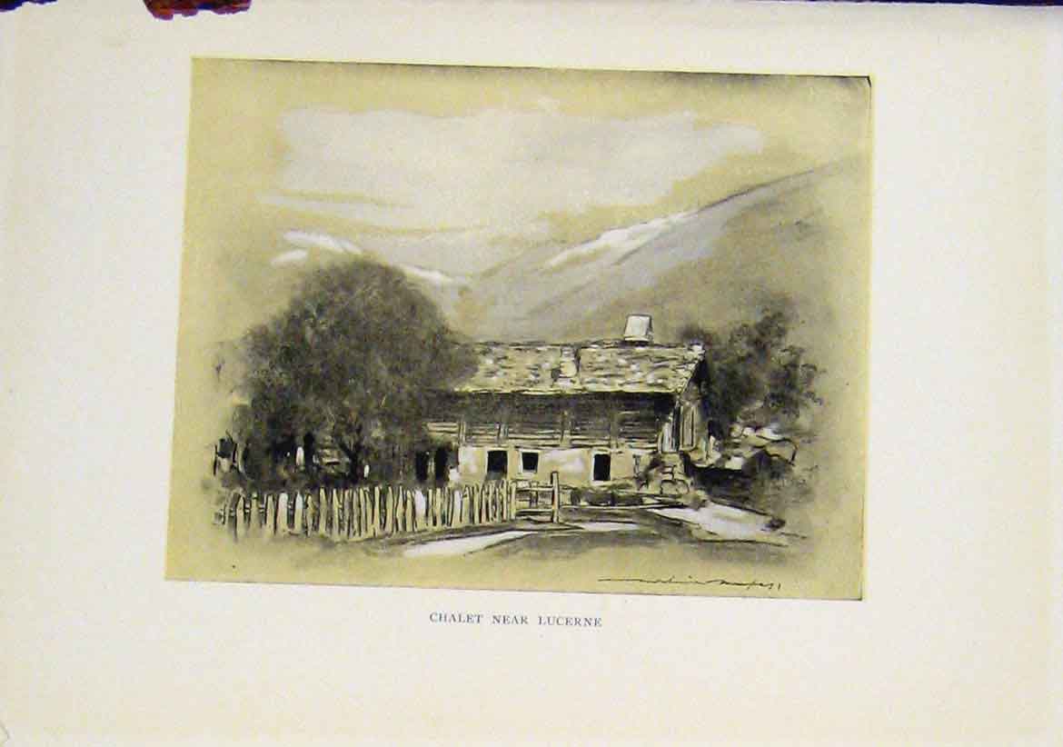 Original Old Antique Print Chalet Lucerne Sekth Art Etching Drawing Sepia Style