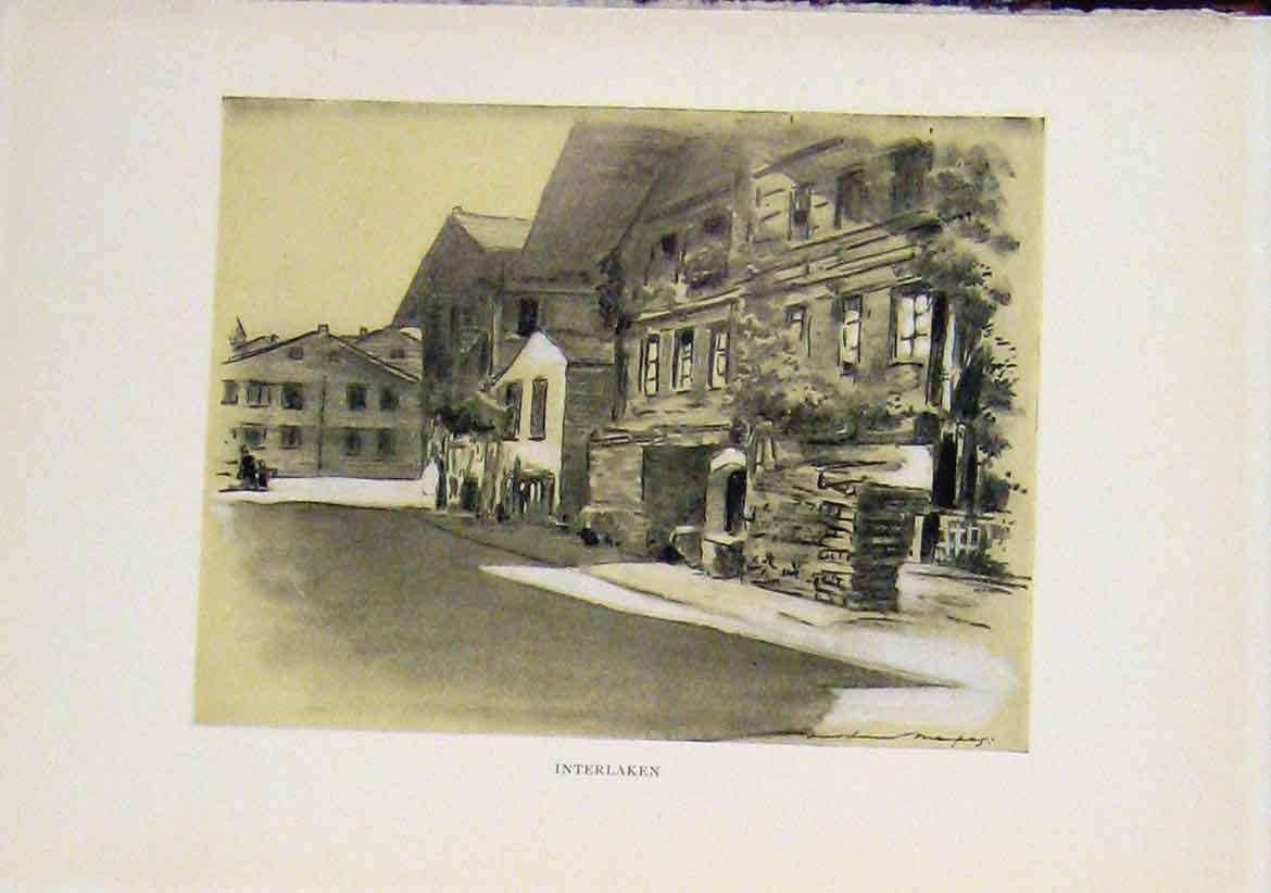 Original Old Antique Print Interlaken Town Street Sketch Art Sepia Style