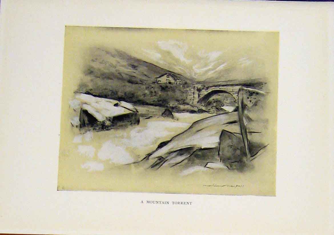 Original Old Vintage Print Sepia Style Fine Art Mountain Torrent C1919 20th