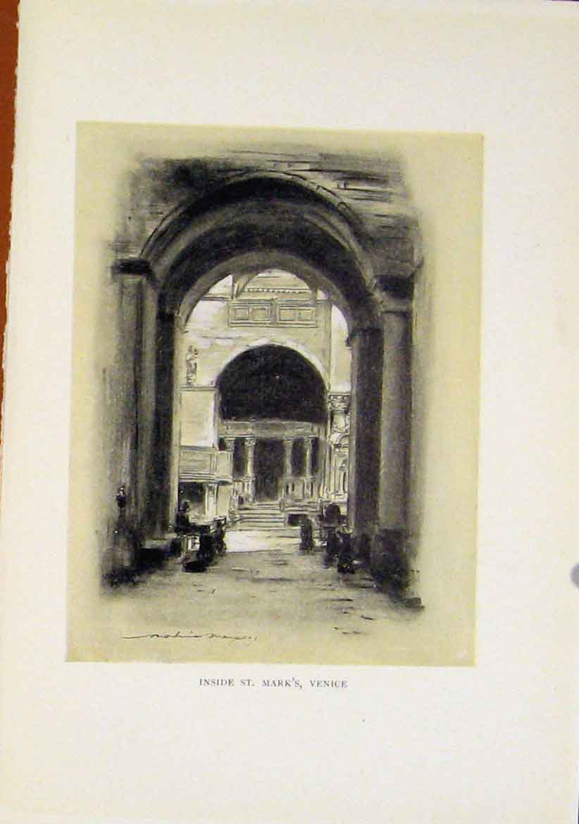 Original Old Vintage Print Inside St Marks Venice Italy Sepia Style C1919 20th