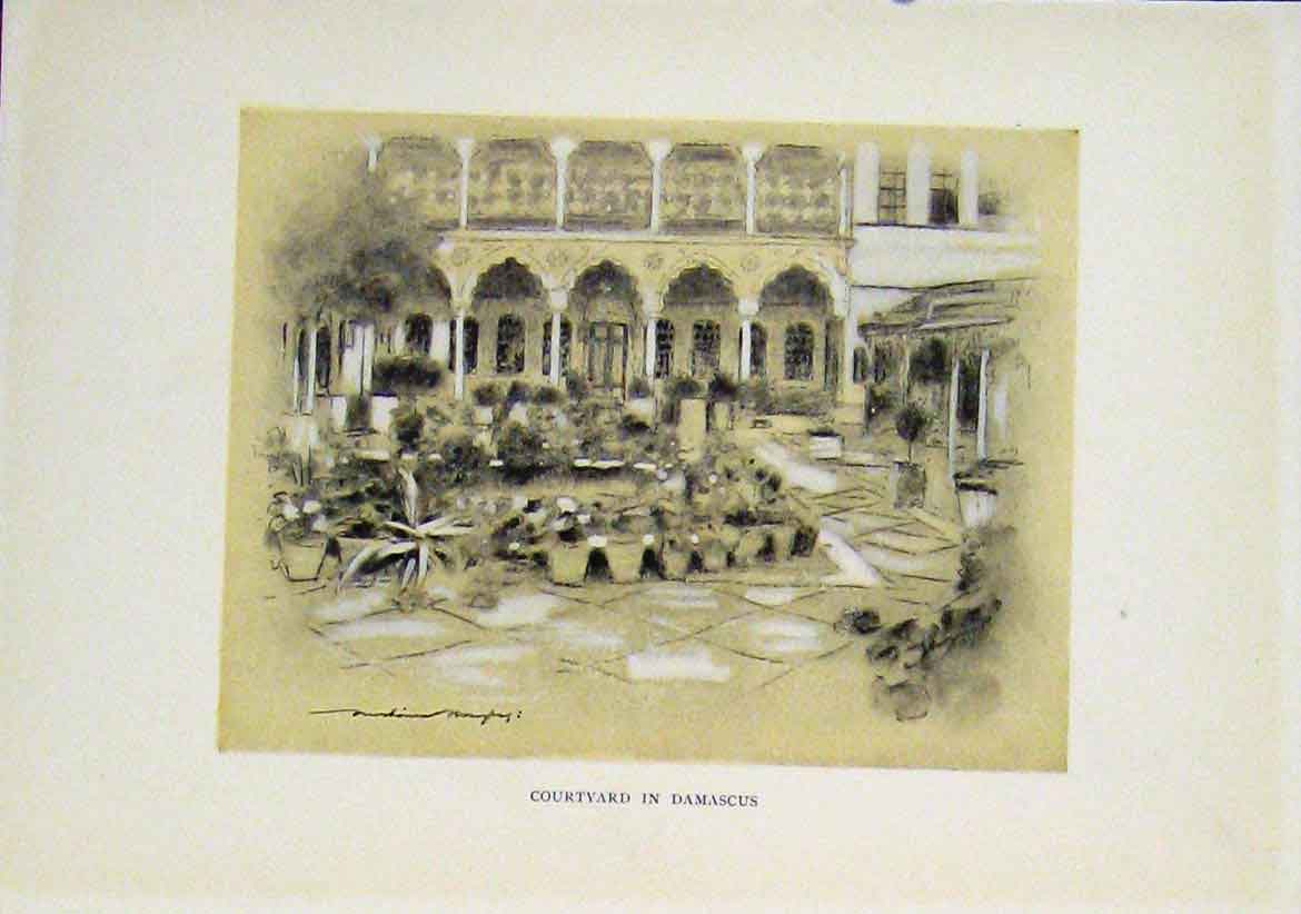 Original Old Vintage Print Courtyard Damascus Fine Art Sepai Style C1919 20th