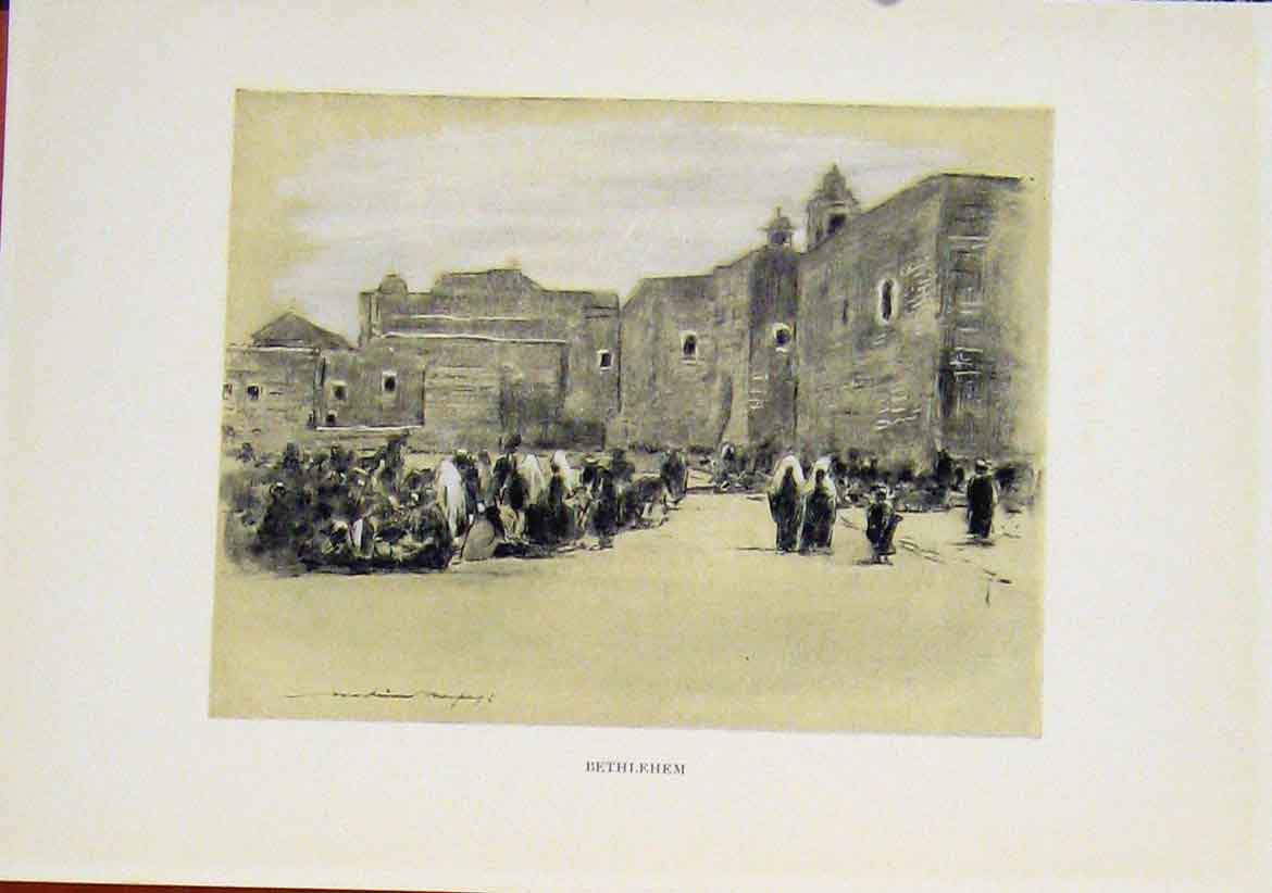 Original Old Antique Print Bethlehem City Town Sepia Fine Art