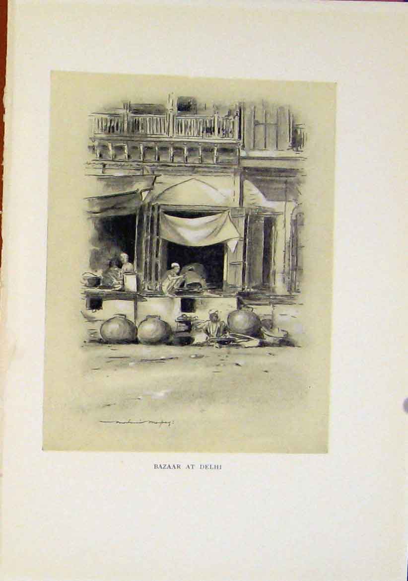 Original Old Antique Print Bazaar Delhi Sepia Style Art Fine