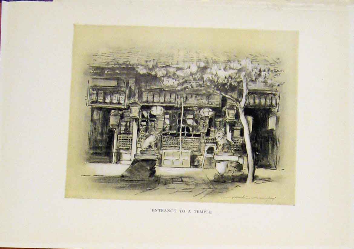 Original Old Vintage Print Entrance Temple C1919 Sepia Style Art 20th Century