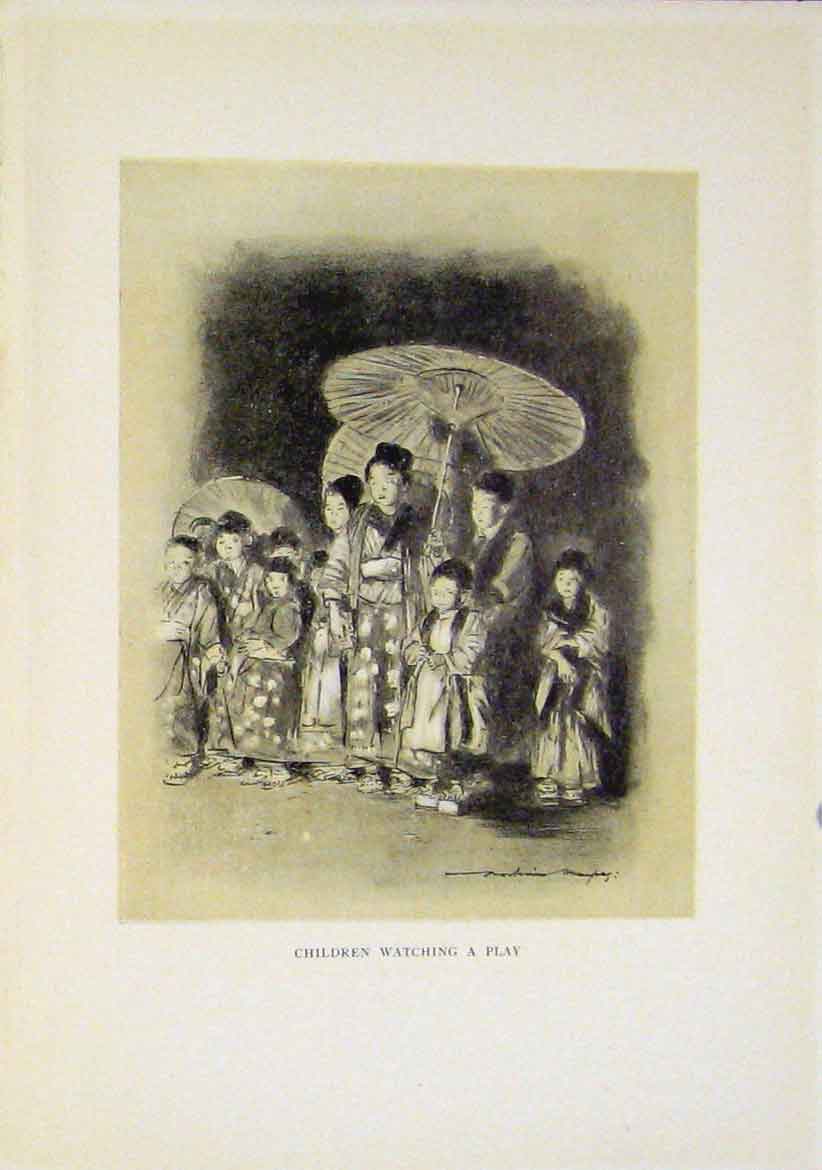 Original Old Vintage Print Play Watching Children C1919 Sepia Style Art 20th