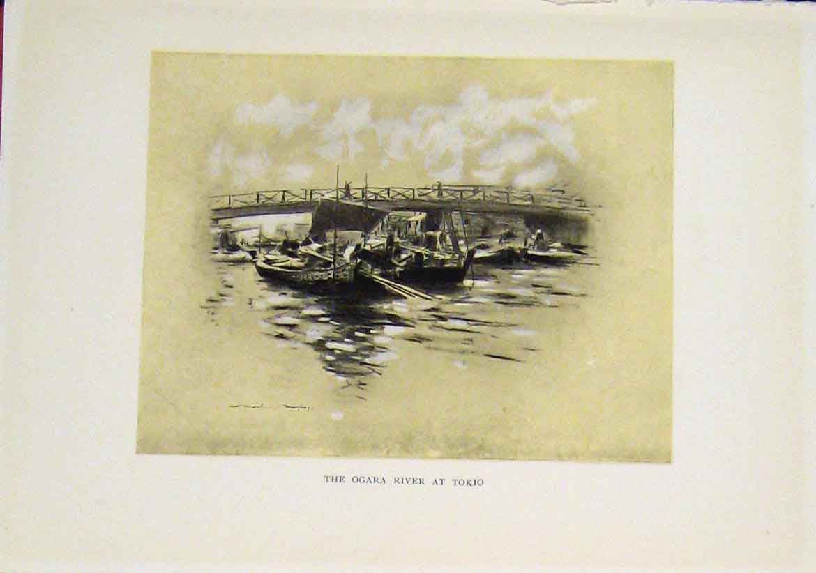 Original Old Vintage Print Ogara Tokio River Bridge Fine Art C1919 Sepia 20th