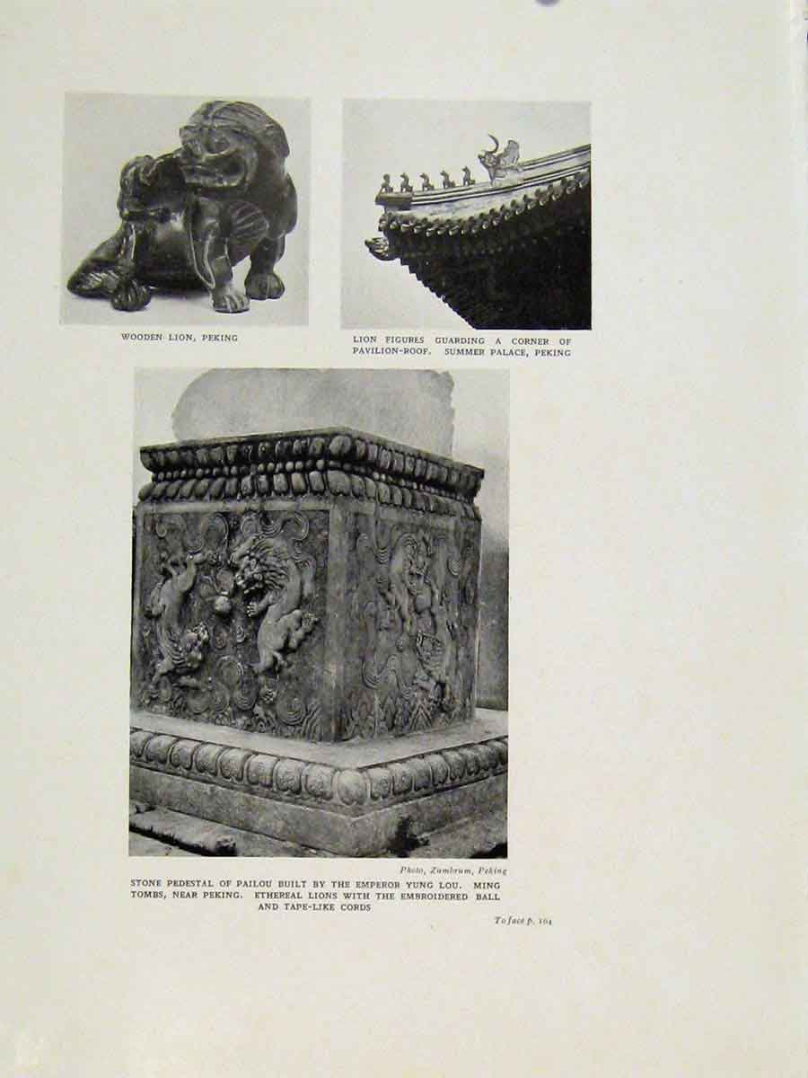 Original Old Antique Print Wooden Lion Figures Summer Palace Stone Pesestal