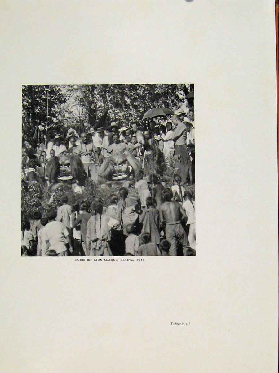 Original Old Antique Print Ref.142 Buddhist Lion Masque Peking C1914