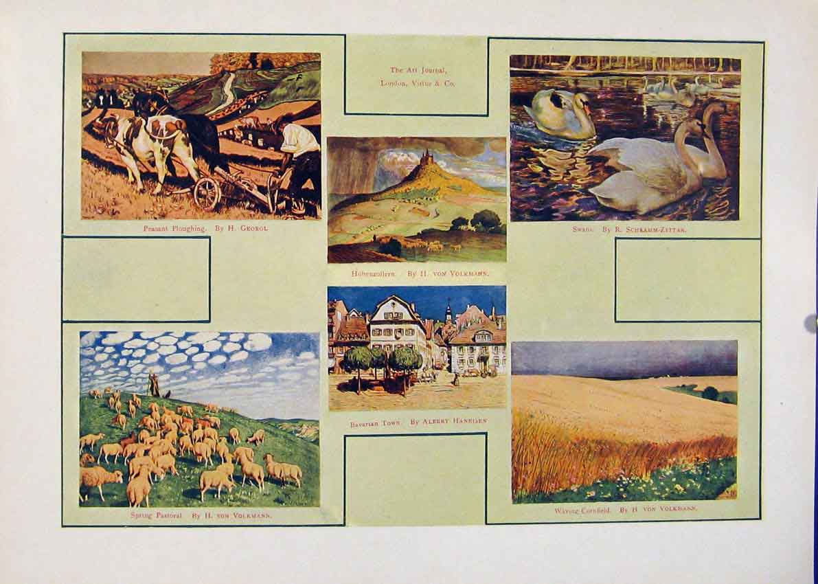 Original Old Antique Print Color Peasant Ploughing Spring Pastoral Bavarian
