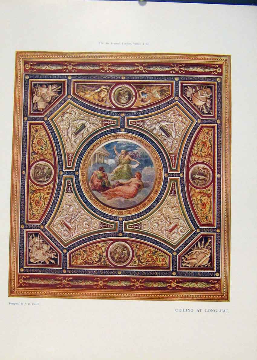 Original Old Antique Print Ceiling Longleat Color Fine Art By Crace 1906 20th
