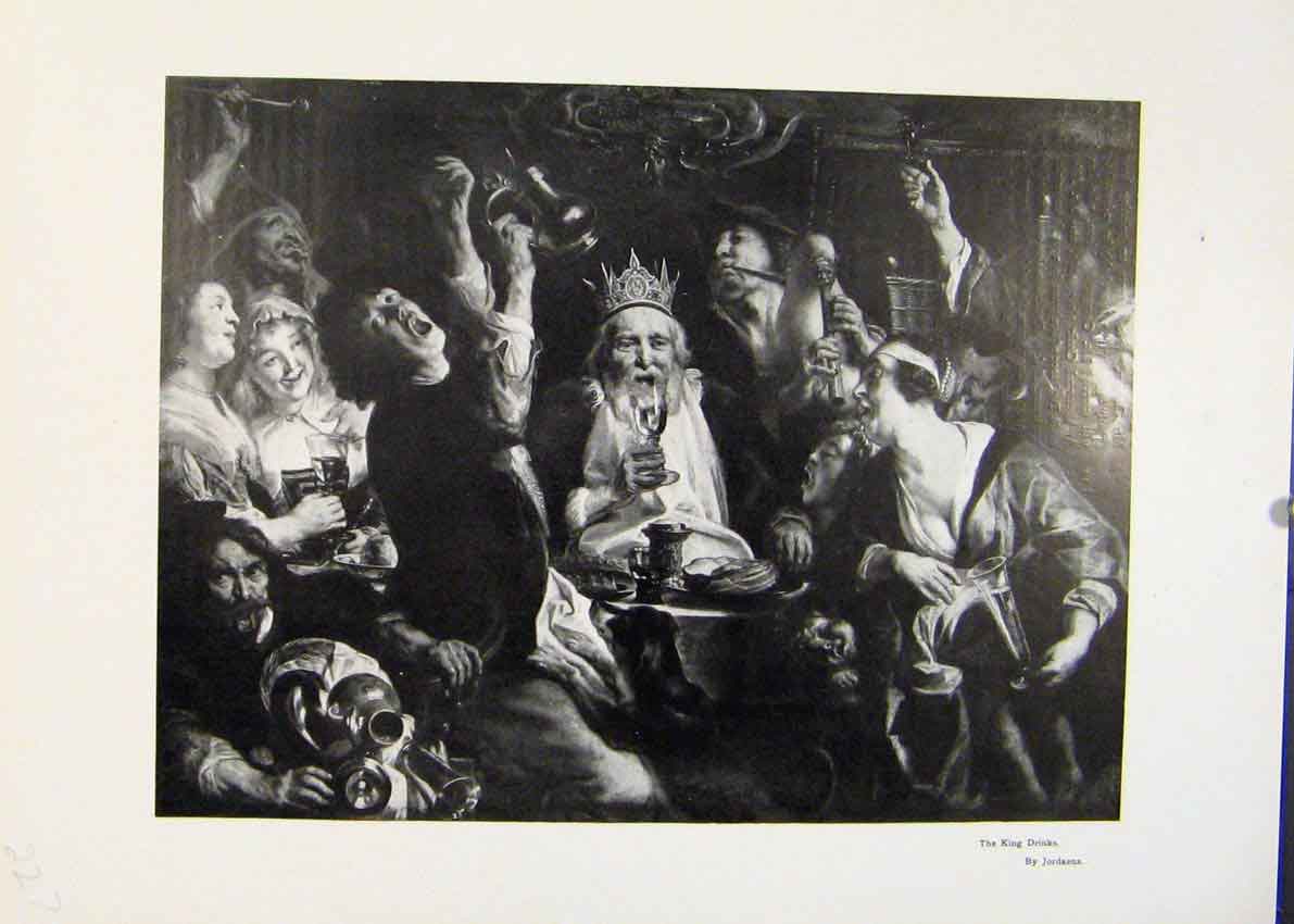 Original Old Antique Print King Drinks By Jordaens Fine Art C1906 Party 20th