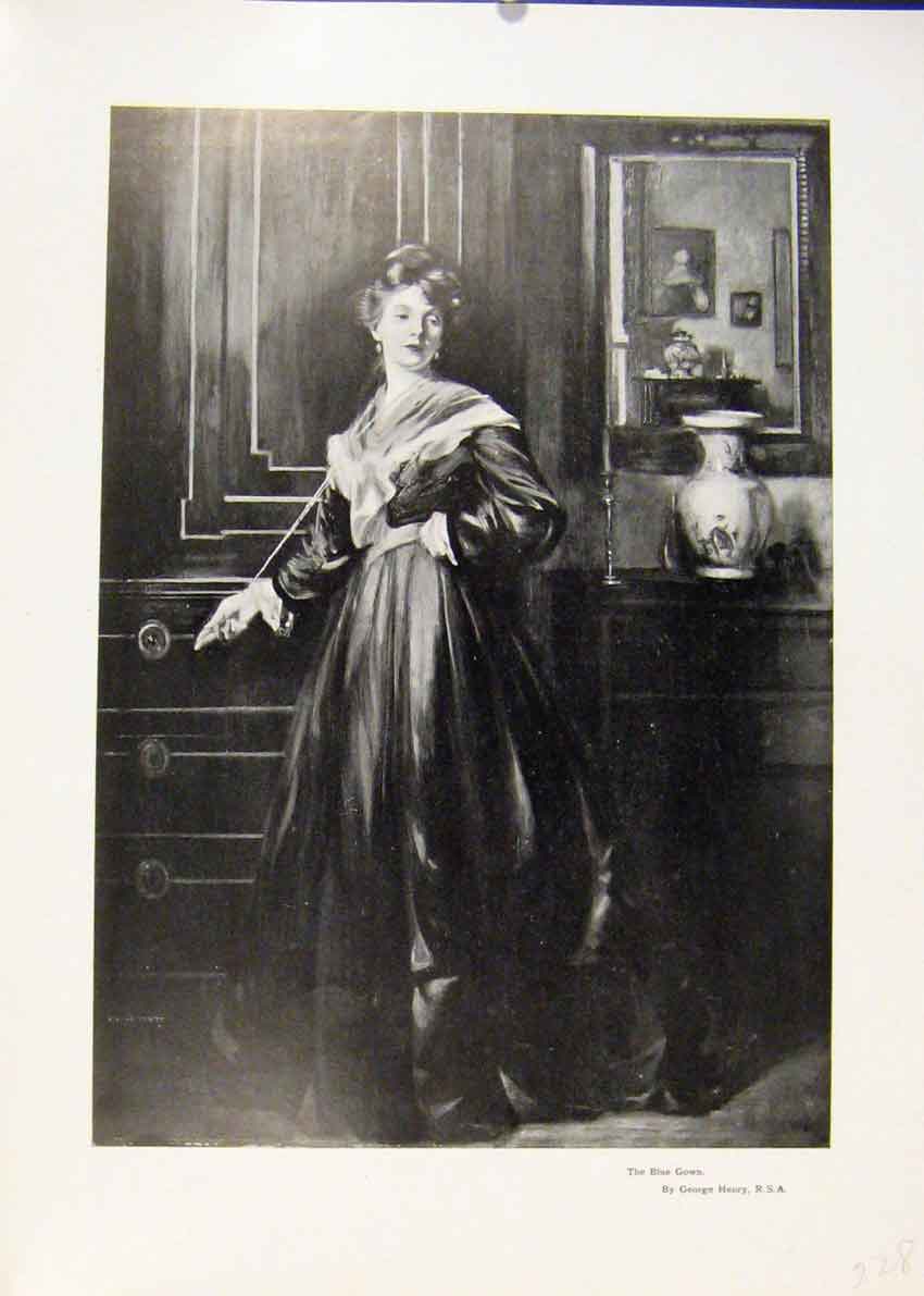 Original Old Antique Print Blue Gown By George Henry Portrait Fine Art