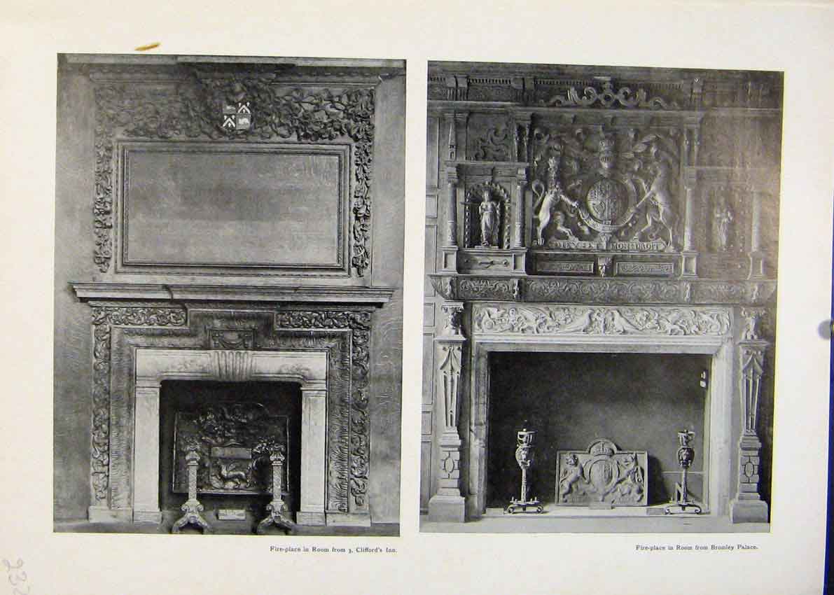 Original Old Antique Print Fire Place Room Cliffords Inn Bromley Palace