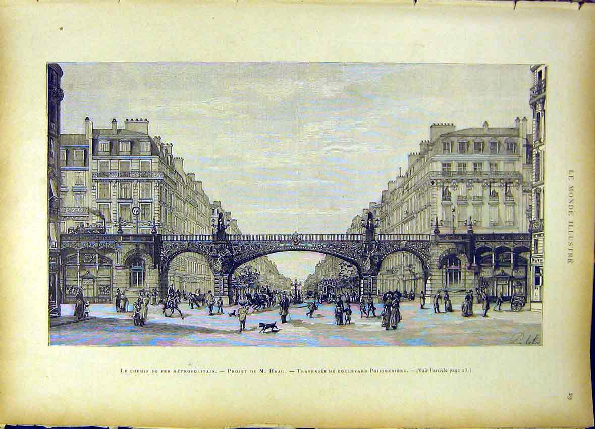 Original Old Antique Print Railway Metropolitan Project Haag Poissonniere 1885