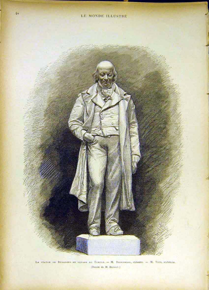 Original Old Antique Print Statue Beranger Temple Square Doublemard Yvon 1885