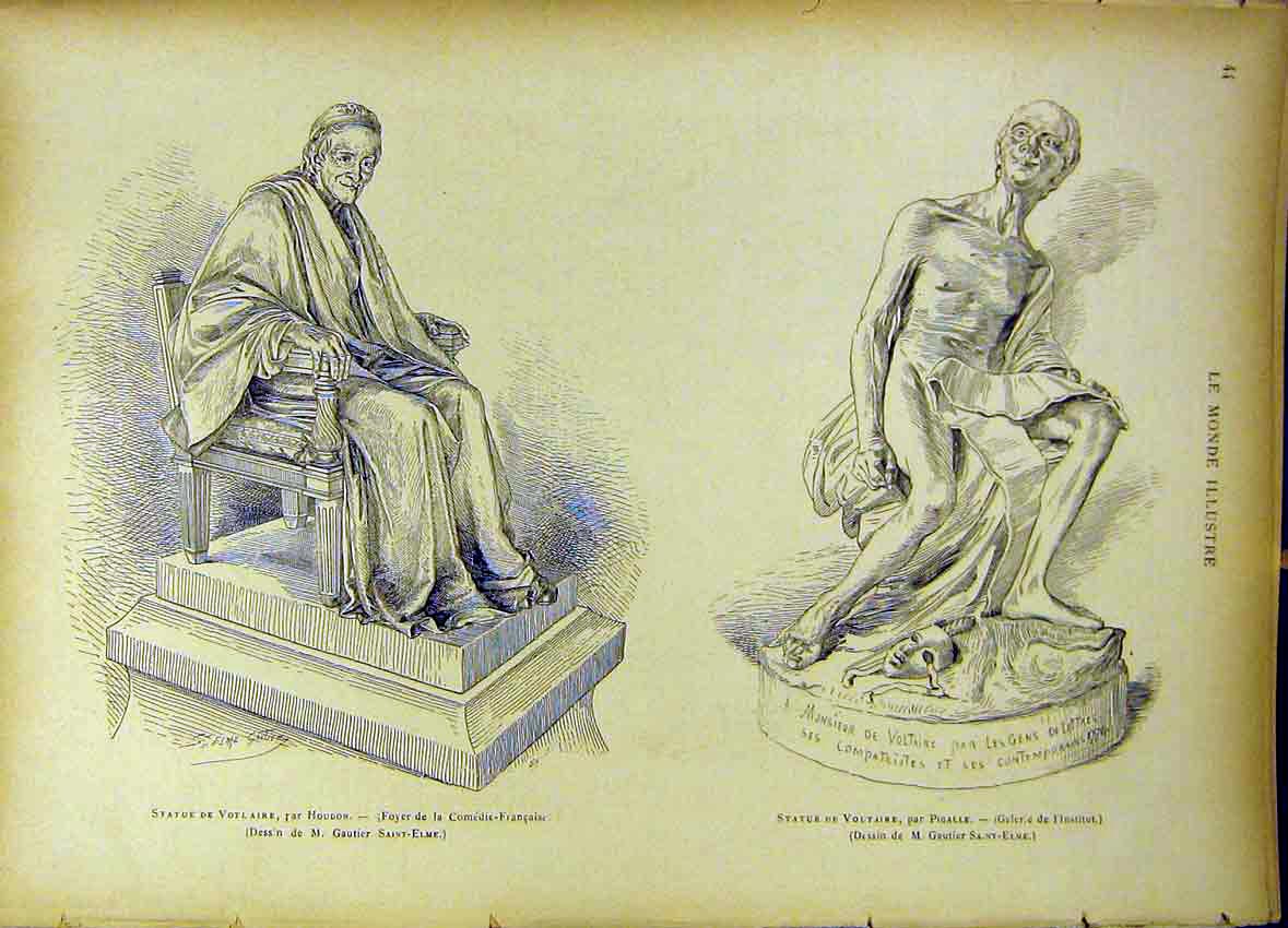 Original Old Antique Print Statue Voltaire Pigalle French Comedy 1885 Victorian