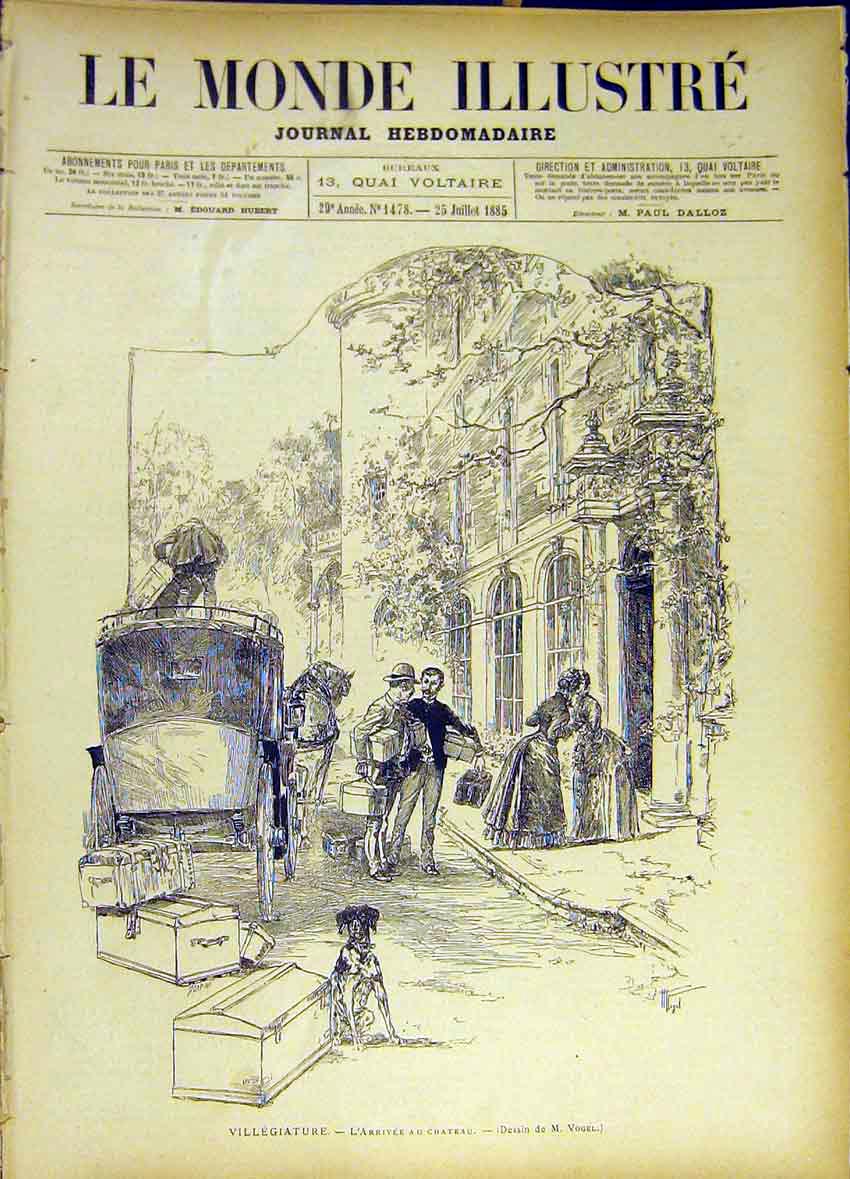 Original Old Antique Print Castle Vigilant Dog Guard Vogel French 1885 Victorian